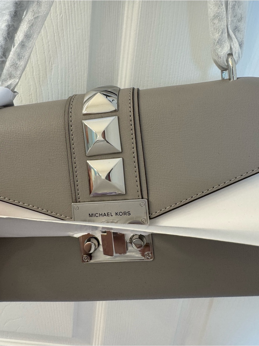 Michael Kors Taupe Gray Leather Stud-Accent Satchel